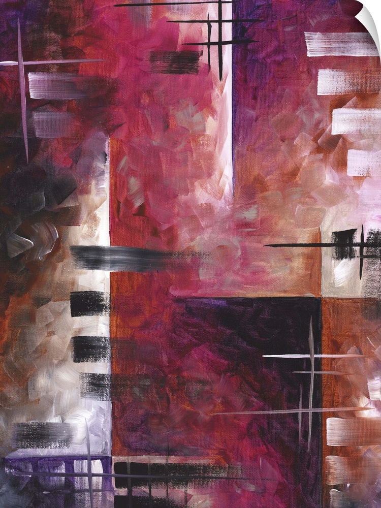 Contemporary abstract painting using deep purple and red tones and angular geometric shapes.