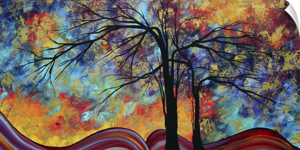 Contemporary painting with the silhouettes of trees against a bright sponged background with swirls of color below.