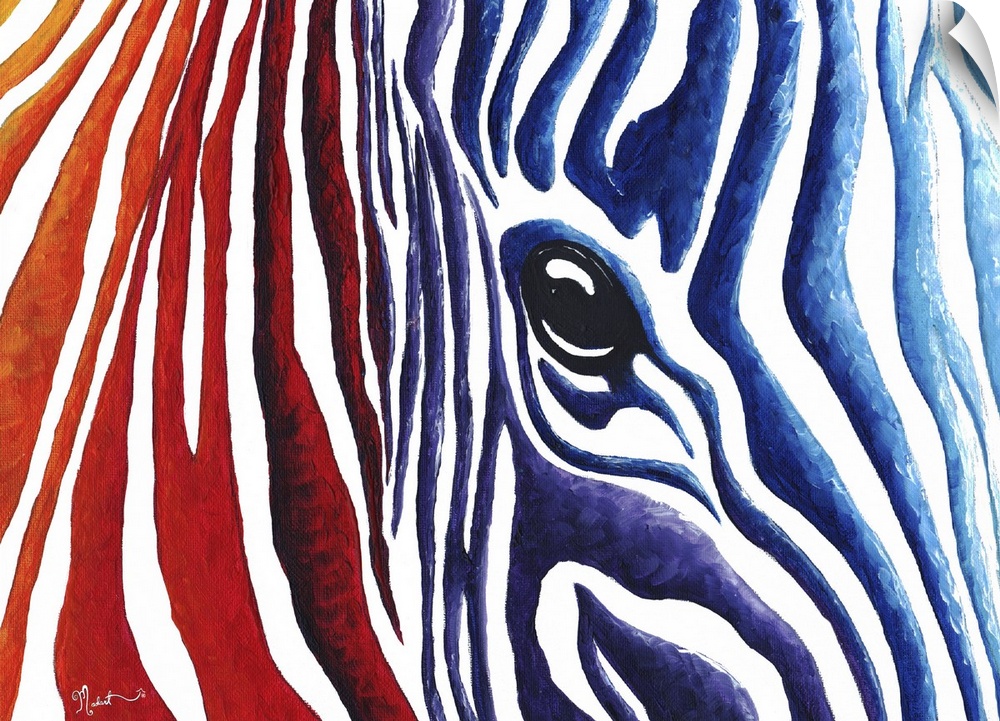 An original contemporary and colorful zebra painting. Crimson red flows into stripes of purple that blends into deep blue ...