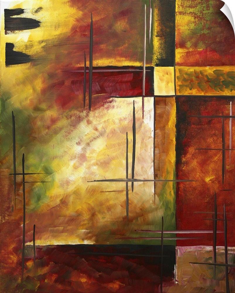 A vertical painting of linear shapes and warm sunny colors in this decorative accent for the home or office.