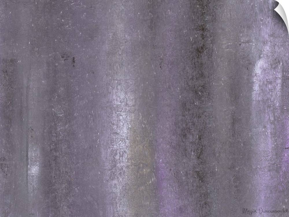 A contemporary abstract painting that has light purple and gray hues running vertically down with shimmering white speckle...