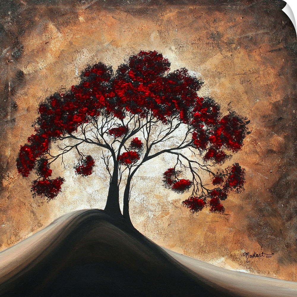 Contemporary painting of a tree with many branches and bright red leaves on a single hill with a heavily textured background.
