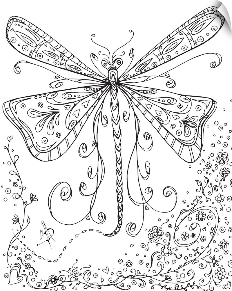 Black and white line art of a dragonfly with large, patterned wings.