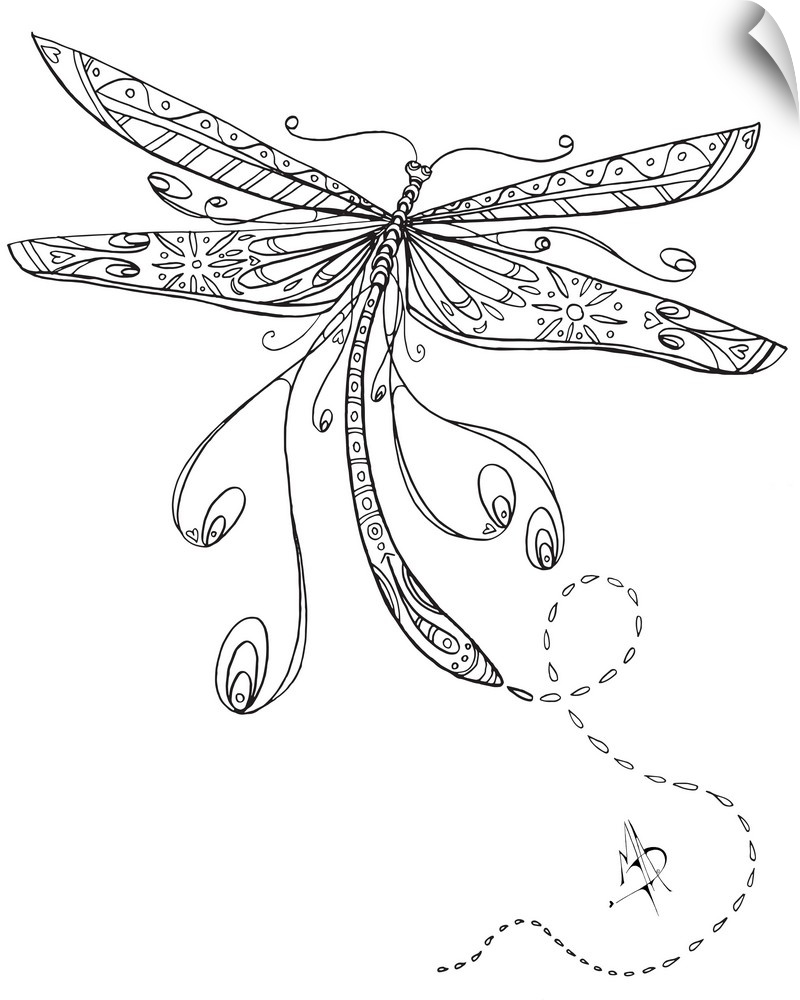 Black and white line art of a dragonfly with large, patterned wings.