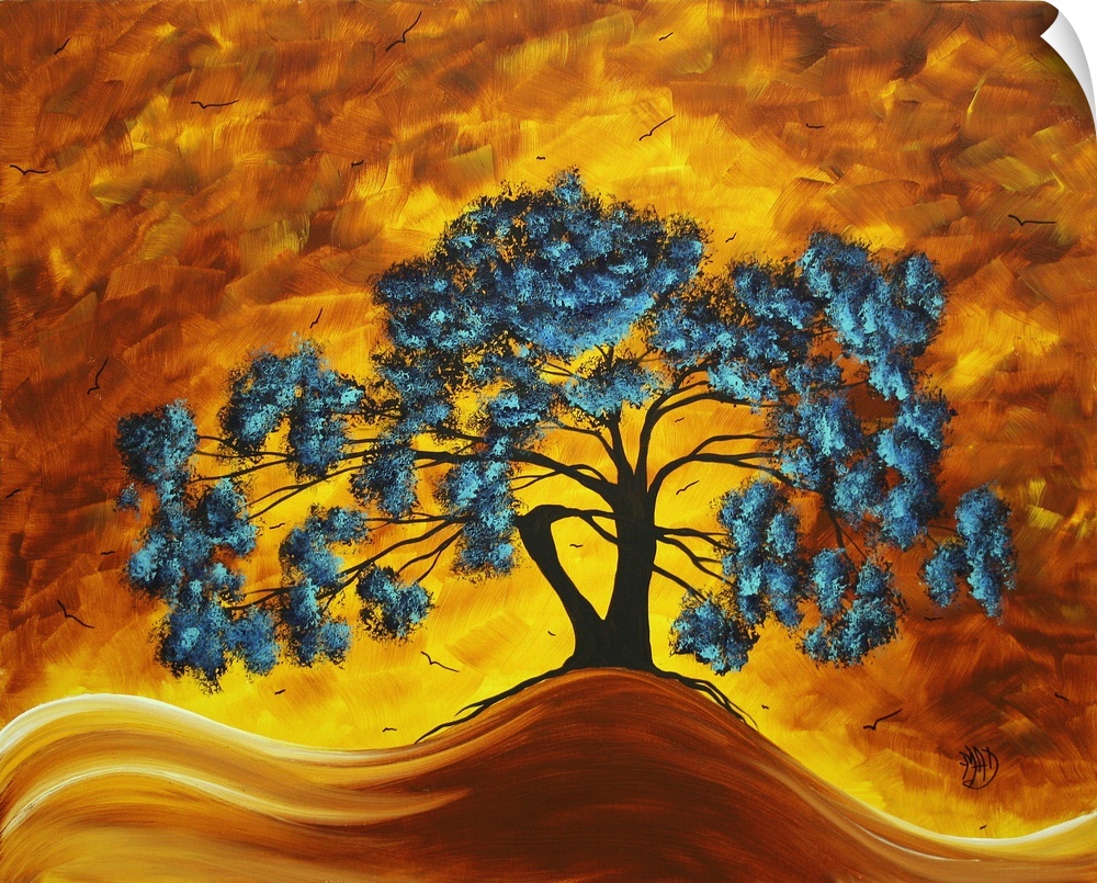 A massive tree is drawn with blue colored leaves but is surrounded entirely by warmer tones.