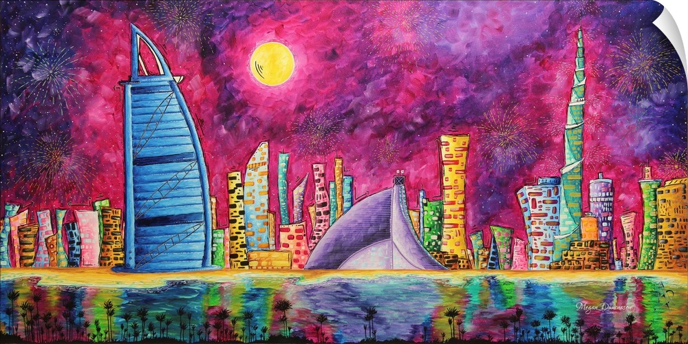 Contemporary artwork of the Dubai skyline overlooking the marina at sunset.