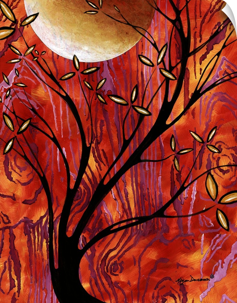 Contemporary painting of a tree with long curving branches under a large full moon.