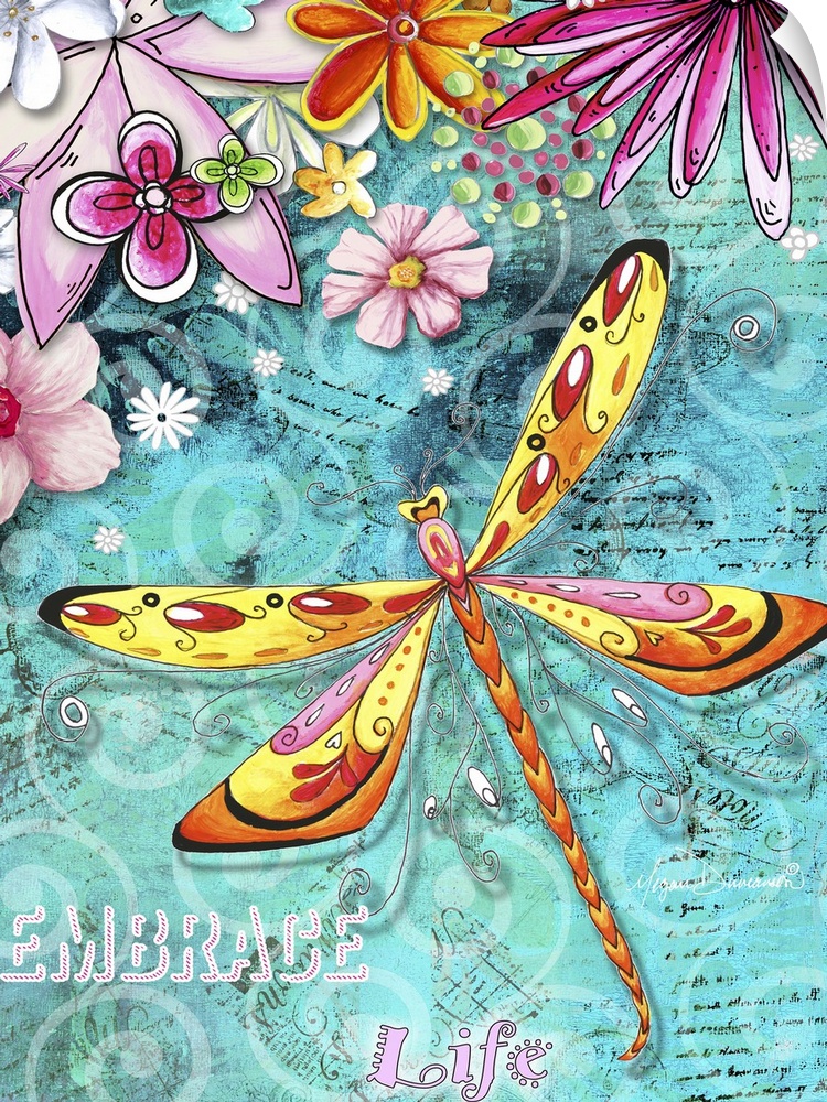 Contemporary painting of a yellow and pink dragonfly against a teal background with pink flowers.