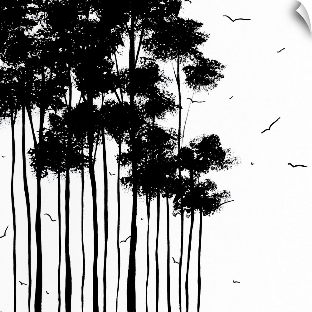 This minimalist decorative wall art is square artwork of stylized and silhouetted trees being circled by birds.