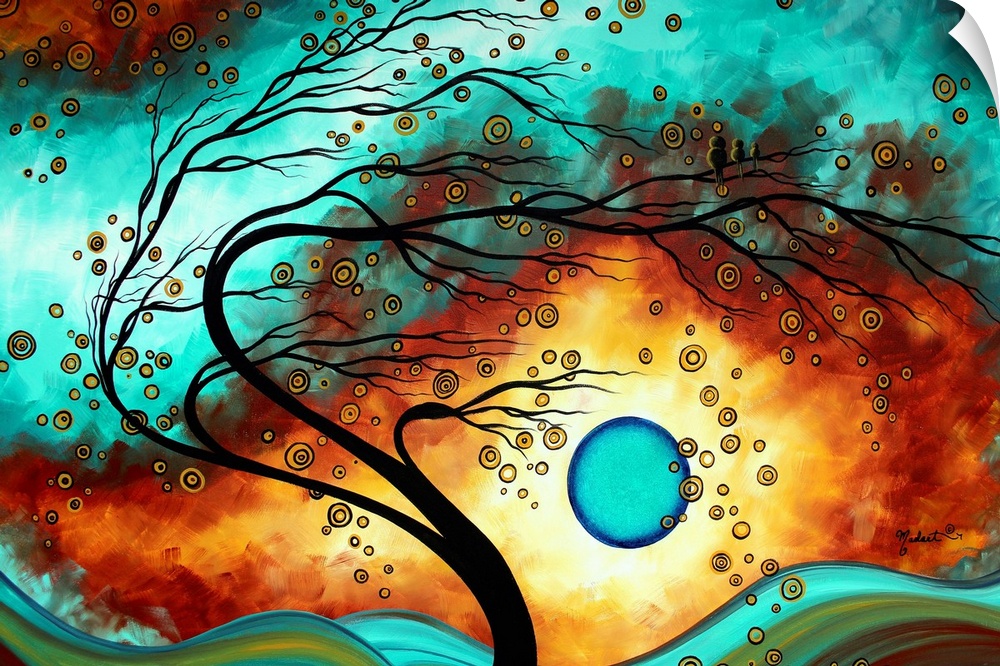 Modern graphic artwork featuring a thin tree swaying with a planet low in the sky and a vast universe behind it.