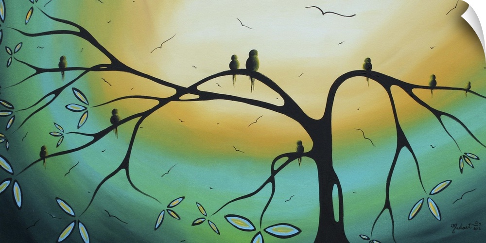 Painting on canvas of birds sitting the branches of a tree silohuetted against a bright sky.
