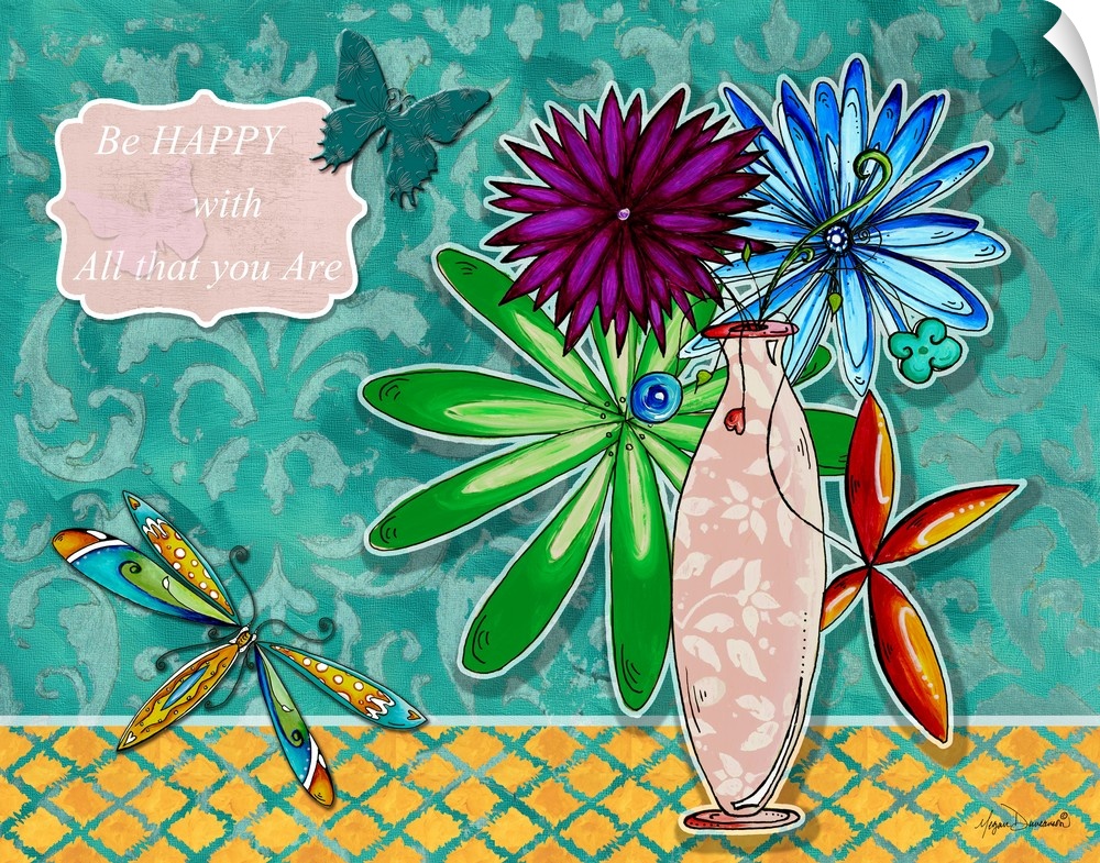 Cute illustration of a bouquet of flowers on a patterned background, with an inspirational quote and dragonflies.
