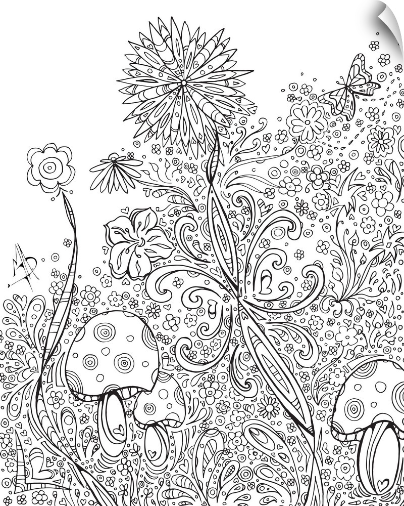 Black and white line art of a garden with several different flowers and mushrooms.