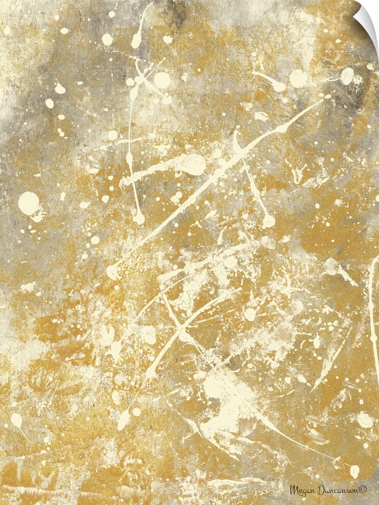 A contemporary abstract painting with a gold and grey background that has cream paint splattered on top.