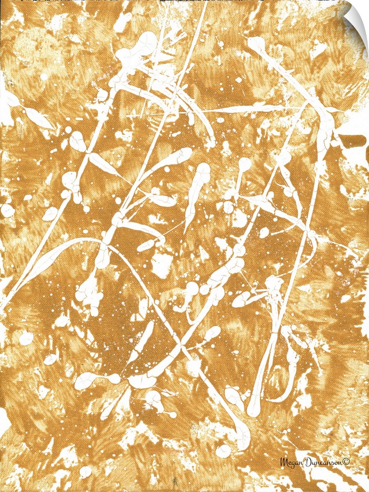 A contemporary abstract painting with a gold background that has white that has white paint splattered on top.