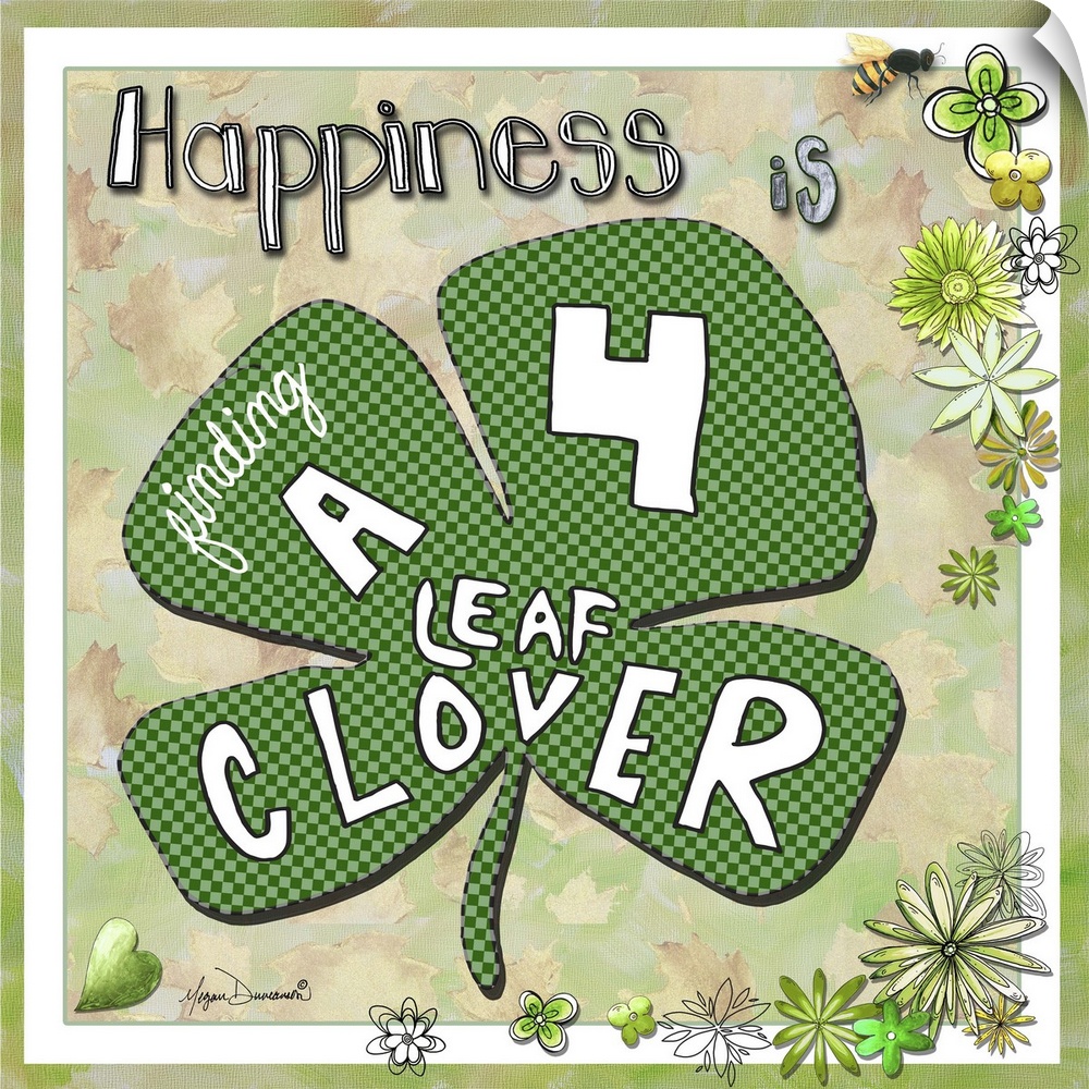 Whimsical artwork of a large lucky clover with illustrated text.