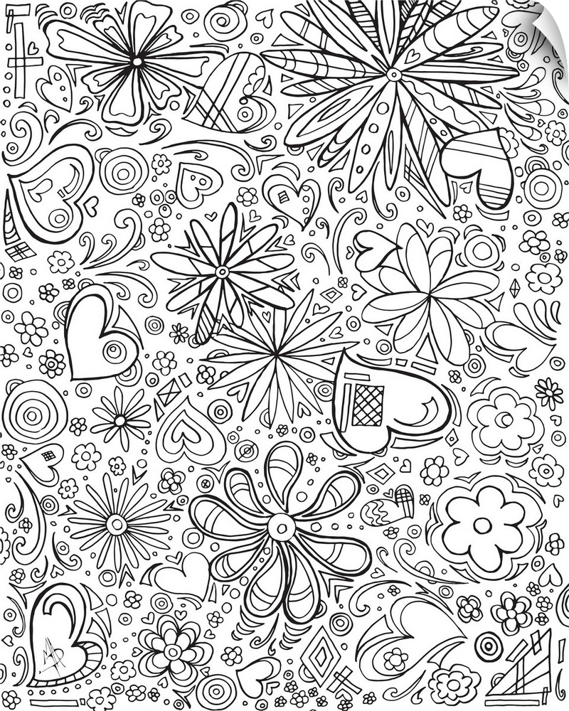Black and white line art of an assortment of hearts and flowers of different patterns and sizes.