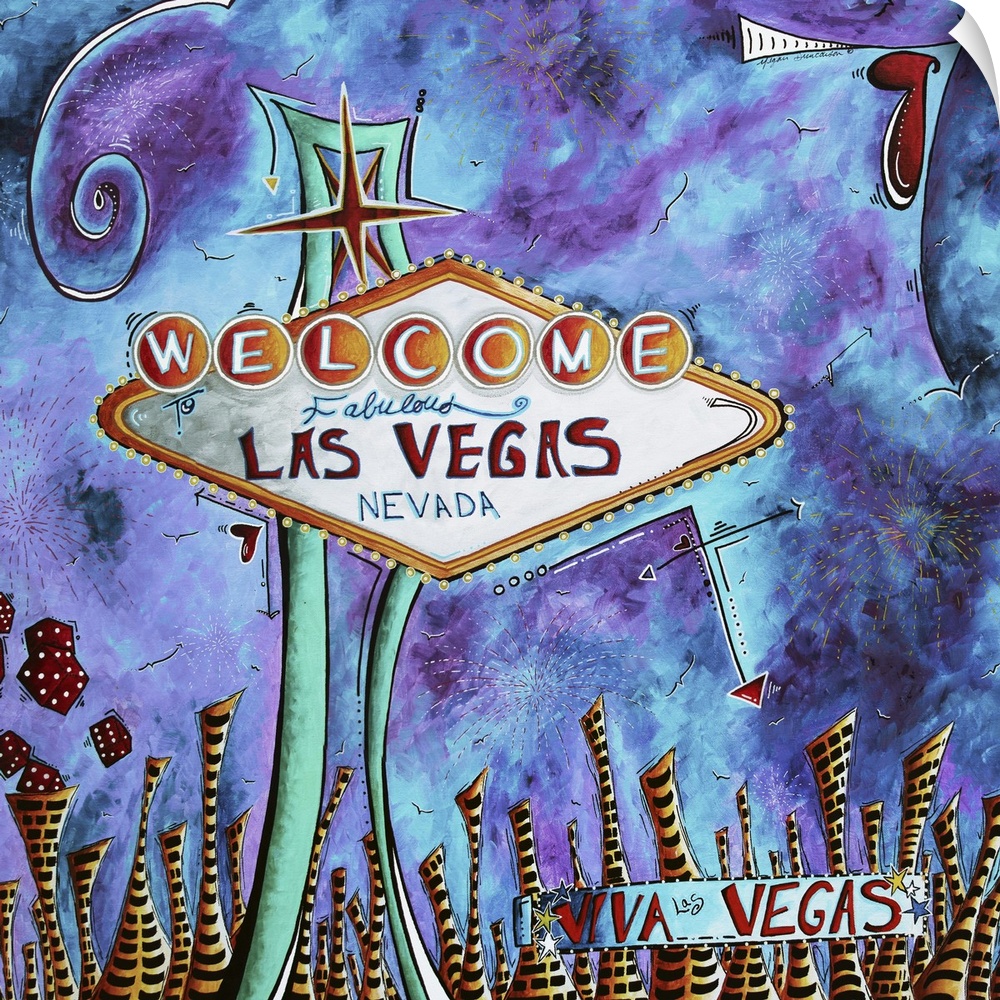 Contemporary painting of the Vegas sign against a purple and blue colored sky.