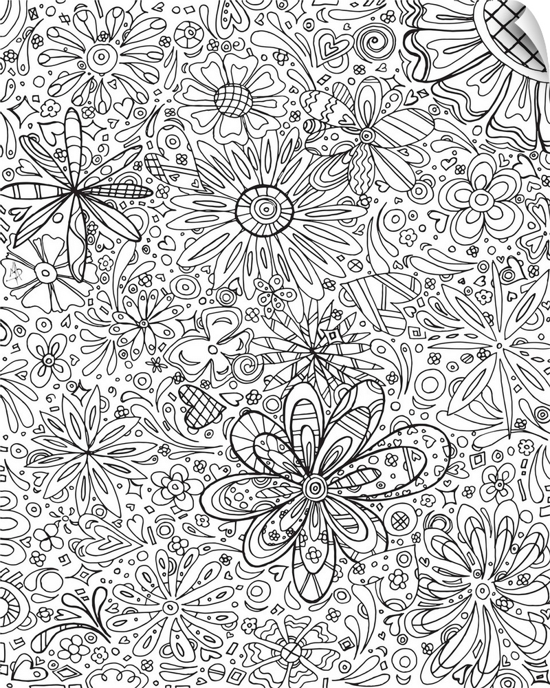 Black and white line art of a garden full of different shapes and sizes of flowers.