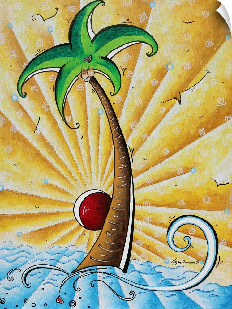 Contemporary painting of a palm tree standing in the ocean with a golden sun behind.