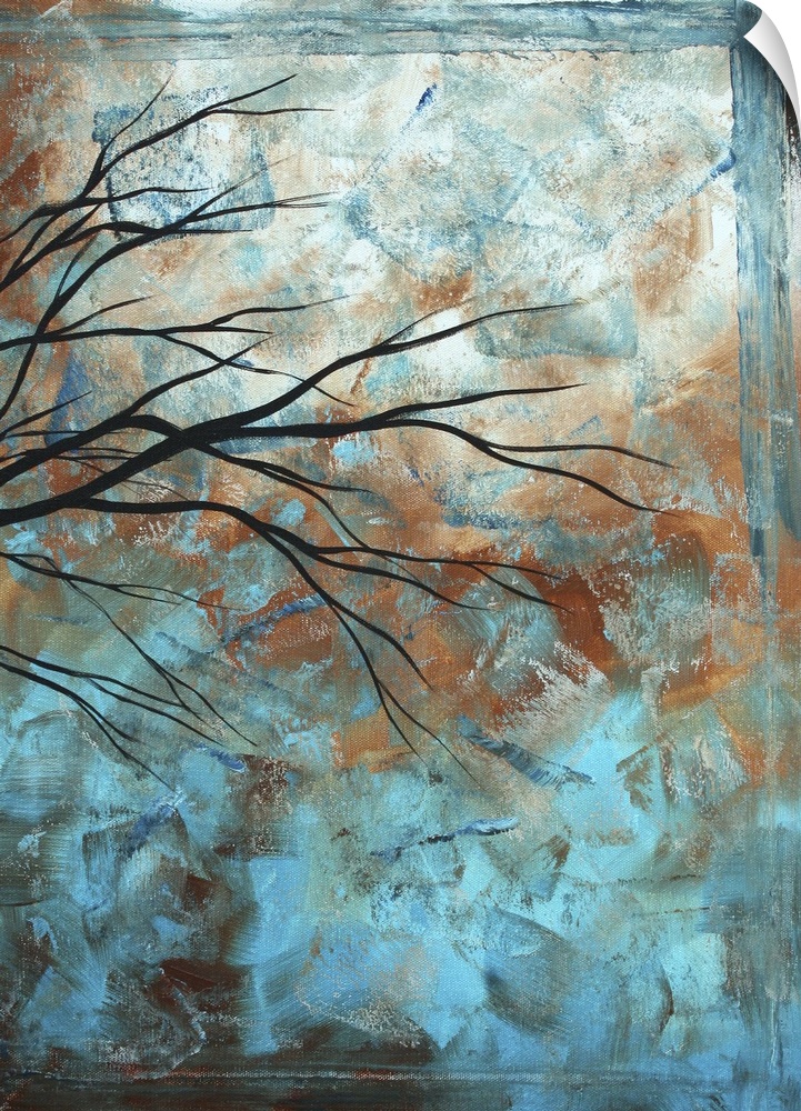 Contemporary abstract painting of tree limbs with leaves against a bright sky.