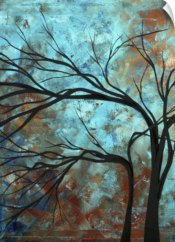 A vertical painting of a textured painted background with a silhouette of a leafless tree layered on top.