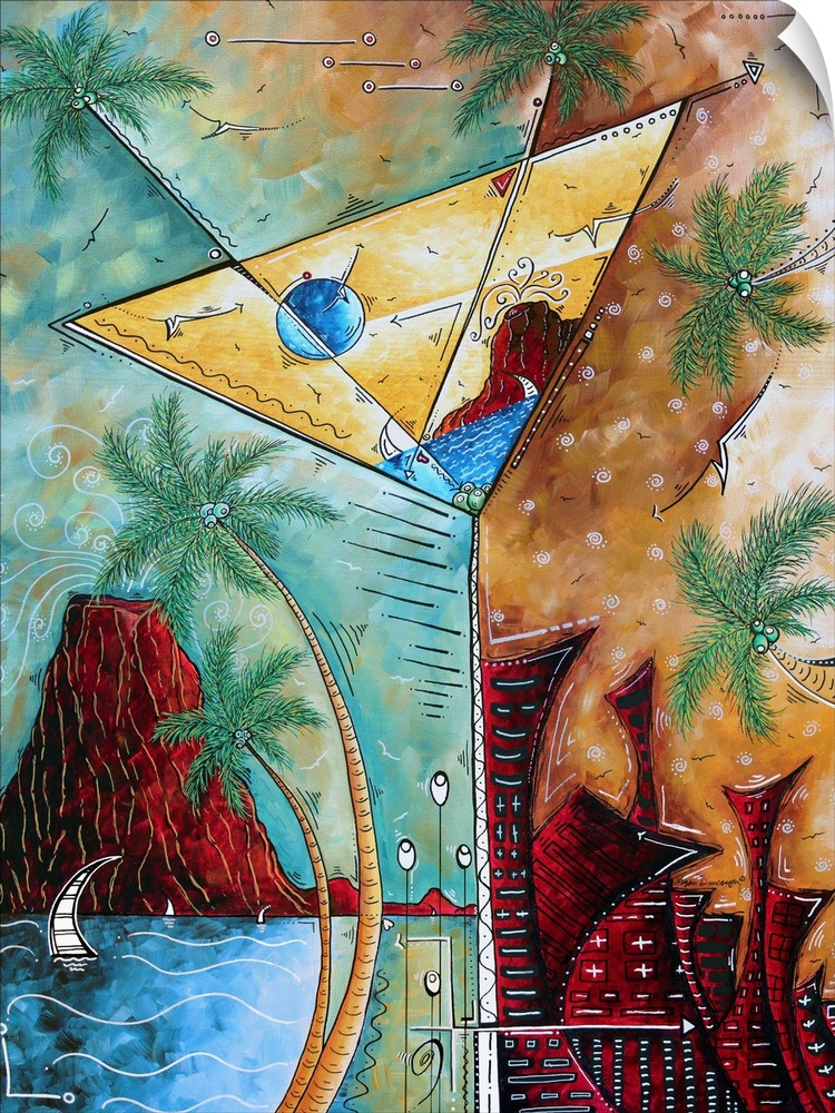 Contemporary painting of a tropical island scene on the left and an urban scene on the right, with a tall martini glass in...