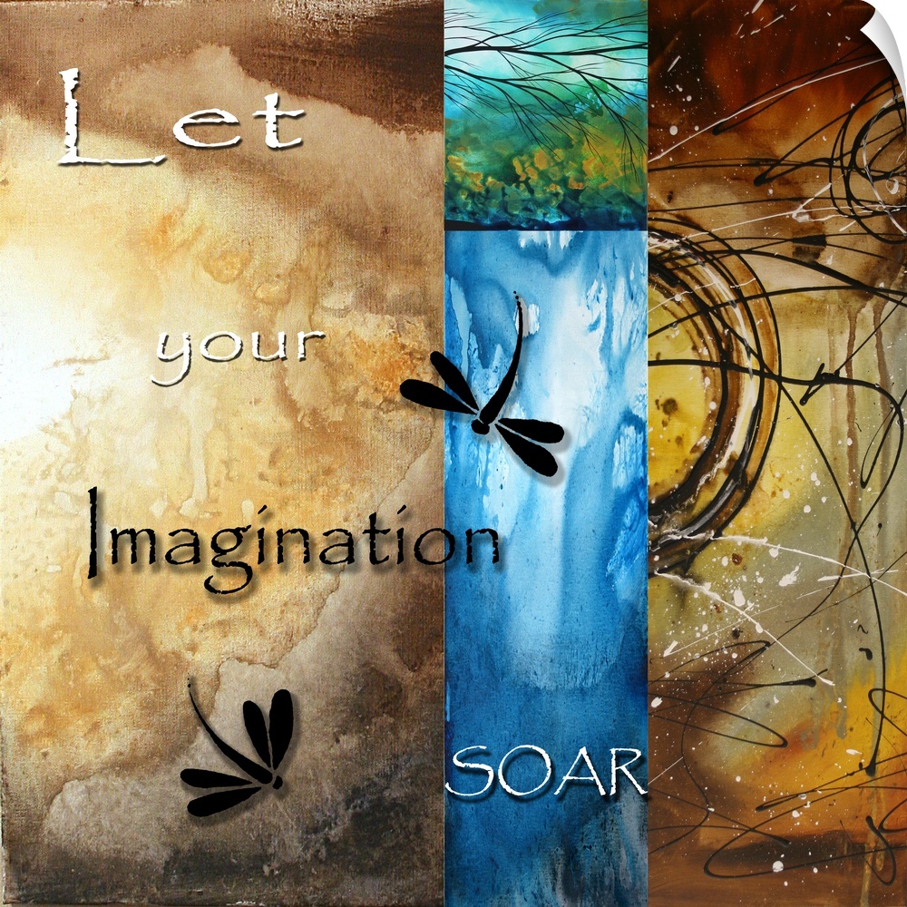 Square photo on canvas representing imagination with dragonflies on top of the layers of art.