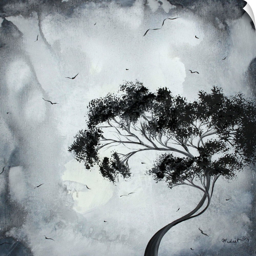 Painting of a lone bending tree on a menacing grey background with small birds flying around the tree.