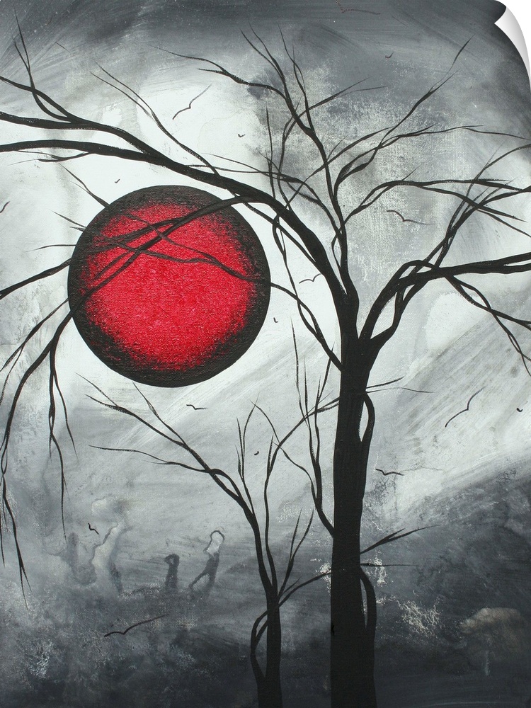 Vertical, large contemporary artwork of a large red moon on an swirling background of greys, with two trees silhouetted in...