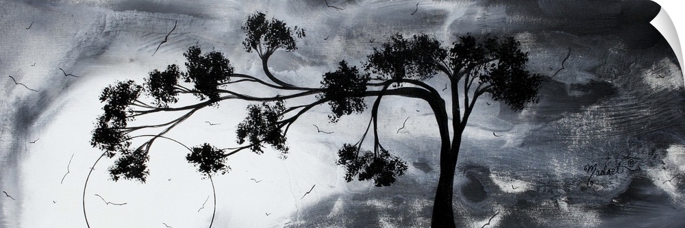 Abstract artwork of a silhouetted tree that reaches far to the left against a gloomy sky with several birds flying around.
