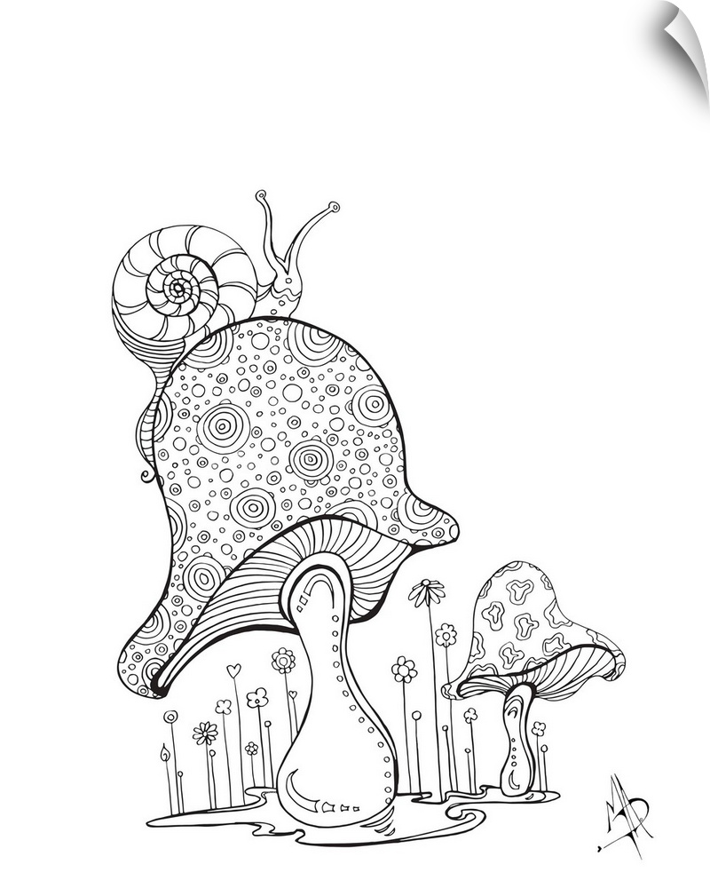 Black and white line art of a snail crawling on top of a mushroom.