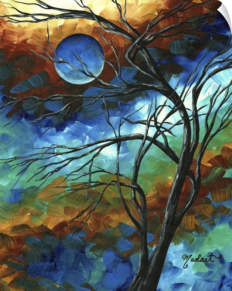 Contemporary painting of branched tree silhouette with abstract background of short muted multicolored brush strokes orien...