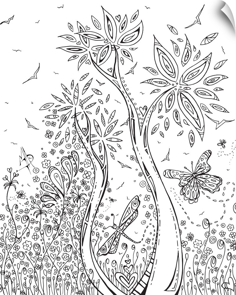Black and white line art of a dragonfly and butterfly flying through a garden.
