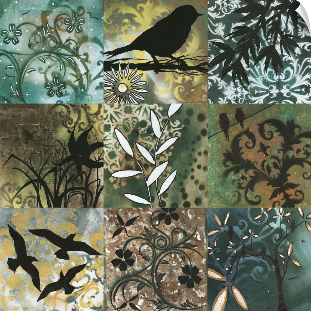 A modern, decorative set of 9 contemporary nature inspired designs. Each individual painting features different leaves, tr...