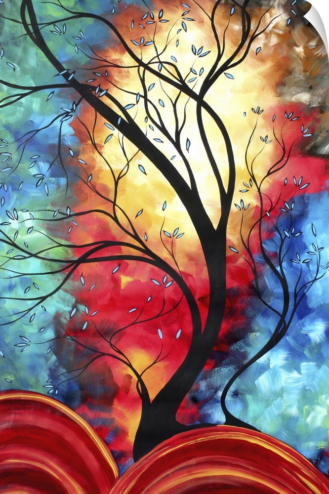 Modern contemporary painting of a dark tree curving upwards with a brightly colored sky on canvas.