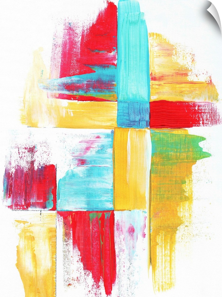 Contemporary abstract painting using bright colors and geometric formations