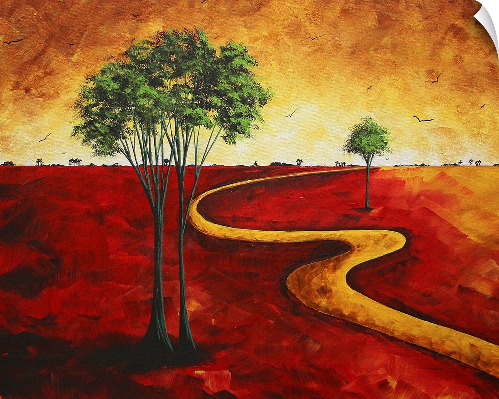 Contemporary abstract rich and bold colored painting of winding path that disappears in the distance with trees scattered ...