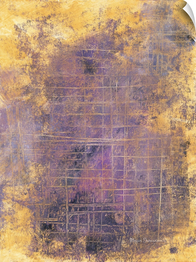 A contemporary abstract painting that has a gold background with different shades of purple hues on top with small hints o...