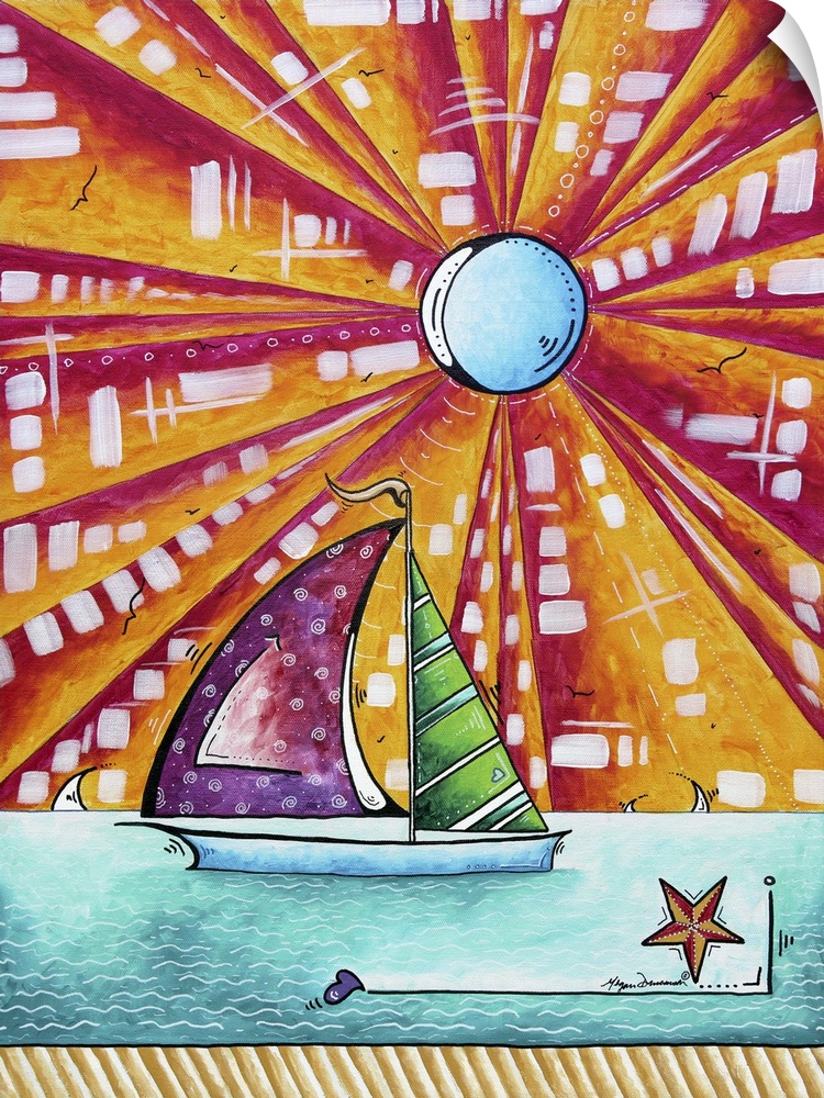 Contemporary painting of a sailboat with brightly colored sails with a bright sun with large rays in the background.