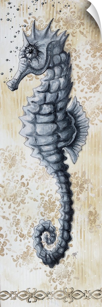 Vertical painting of a seahorse on a floral background.