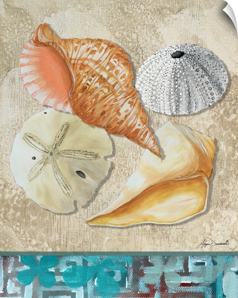 Painting of a collection of four seashells on the sand, including a sea urchin and sand dollar.