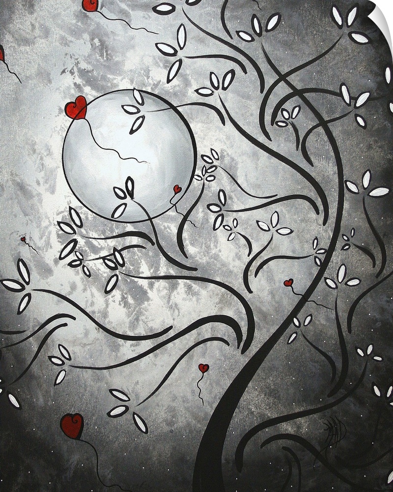 This is a vertical painting of a stylized tree against an abstract moonlit sky with heart shaped balloons.