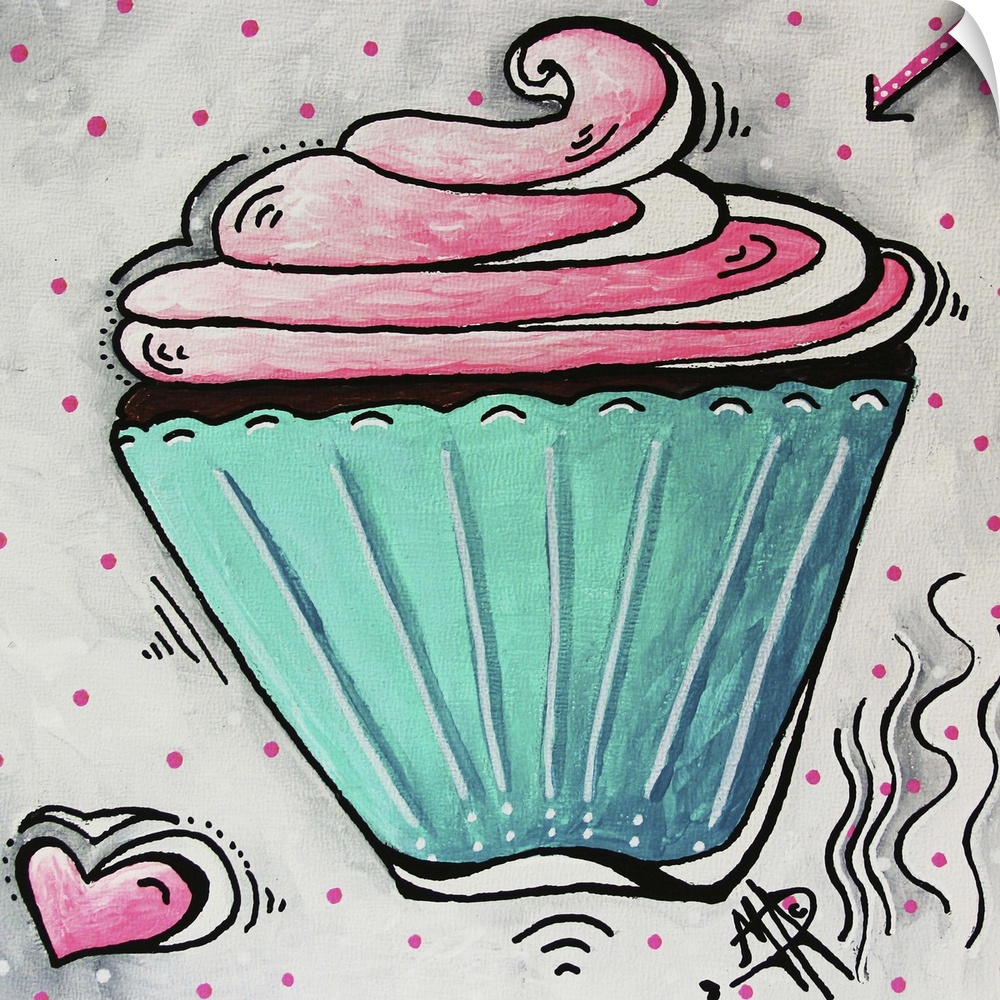 Cute contemporary painting of a cupcake with bright pink frosting and a turquoise cup.