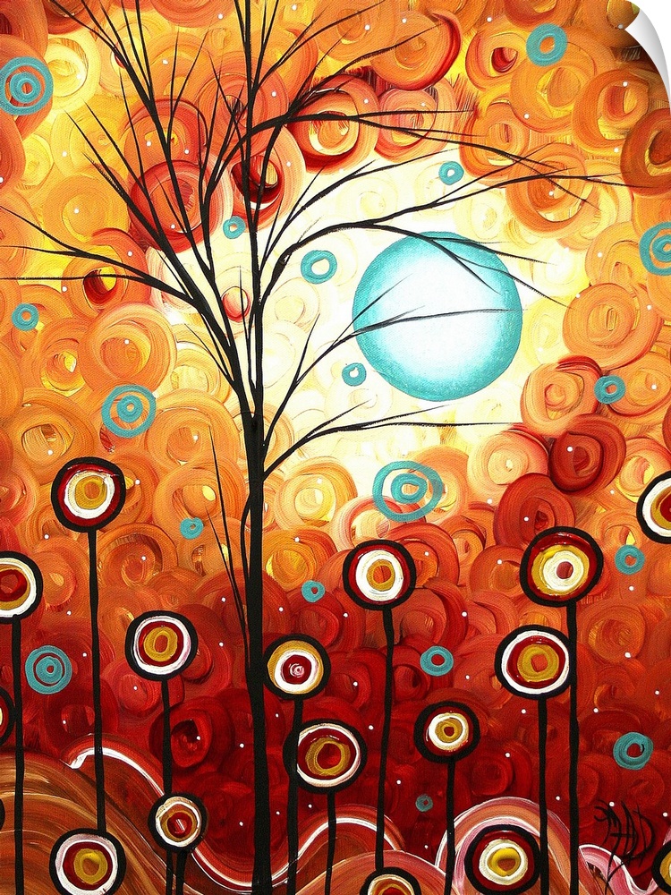 A big abstract painting of trees and flowers represented as circles on lines in front of a sky made up of layered circles.