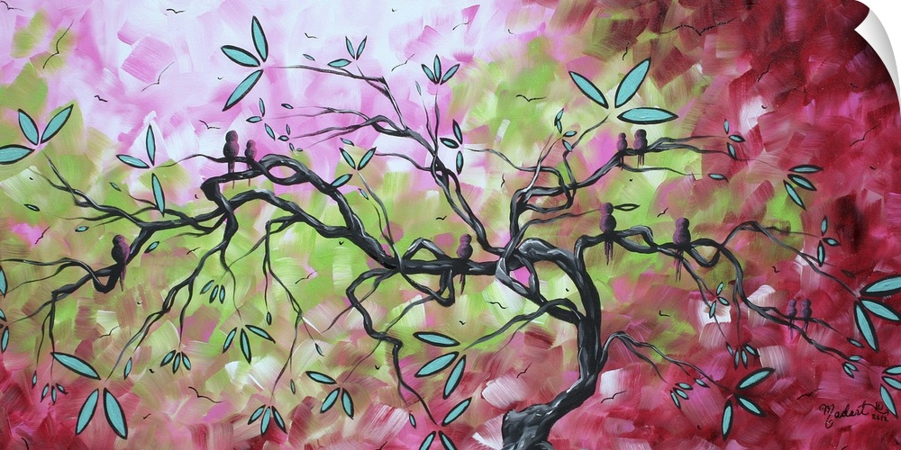 Panoramic painting of branched tree with leaves and abstract background.