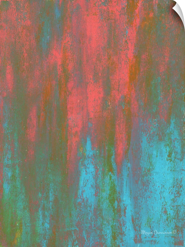 A bright contemporary abstract painting that has beautiful tones of pink, orange, blue, and green intertwined together to ...