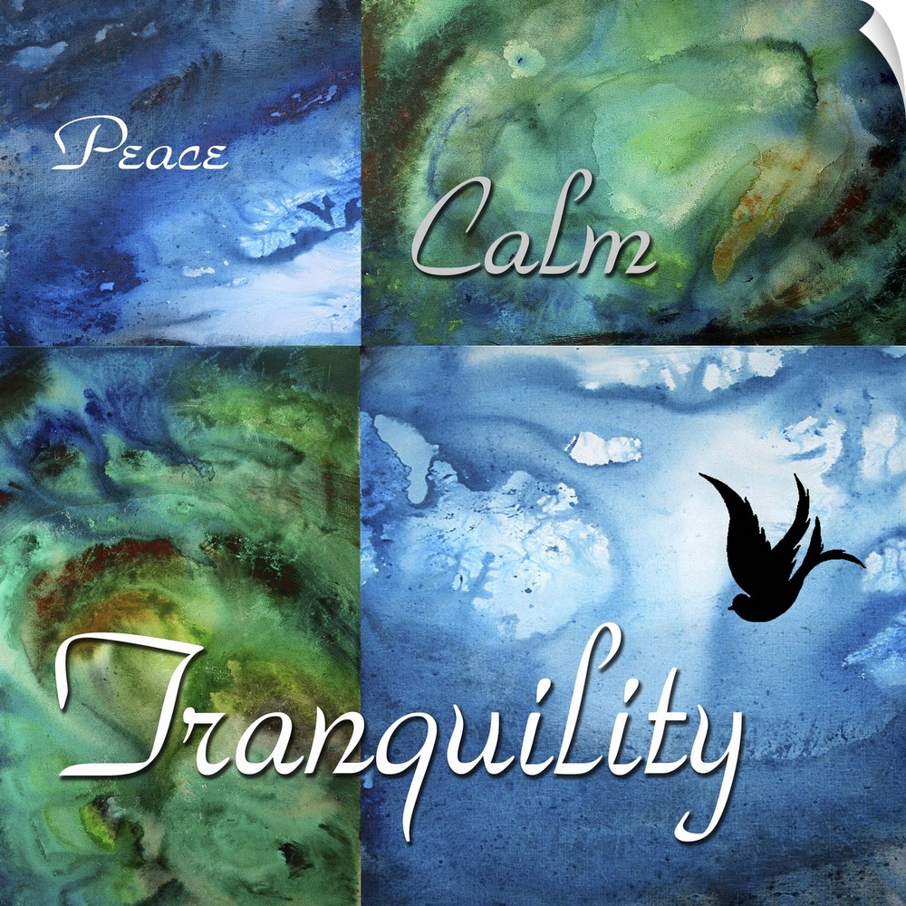 A collage of paintings in cool tones behind the silhouette of a bird and the words Peace, Calm, and Tranquility in script.