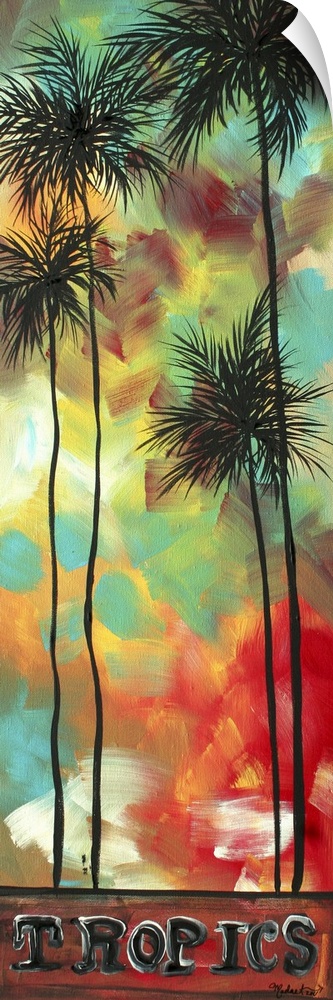 Decorative tropical palm tree painting with bold colors creating contrast against the black silhouette of the palms. ?The ...