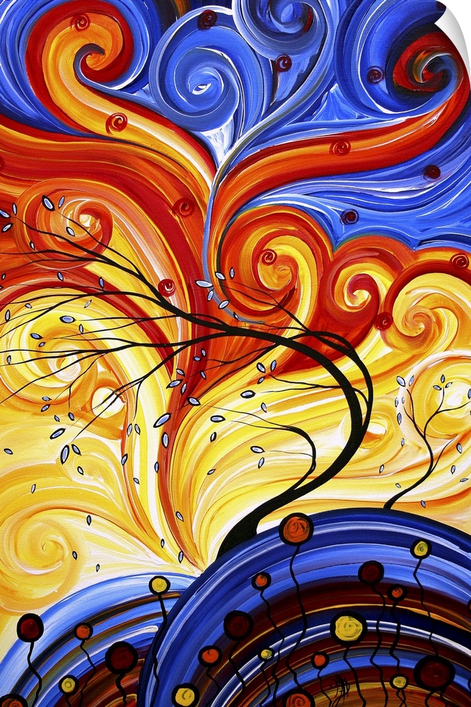 Bright and rich colorful contemporary abstract painting of trees blowing in wind with leaves falling and swirls of colorfu...